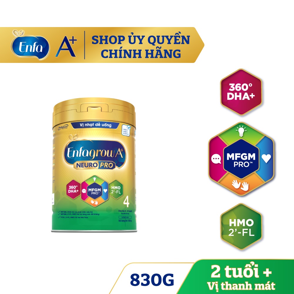 [CHÍNH HÃNG] Sữa Bột Mead Johnson Enfagrow A+ Số 4 DHA+ và MFGM Pro/ Vị Nhạt Dễ Uống Hộp 830g (Cho bé 2-6 tuổi)