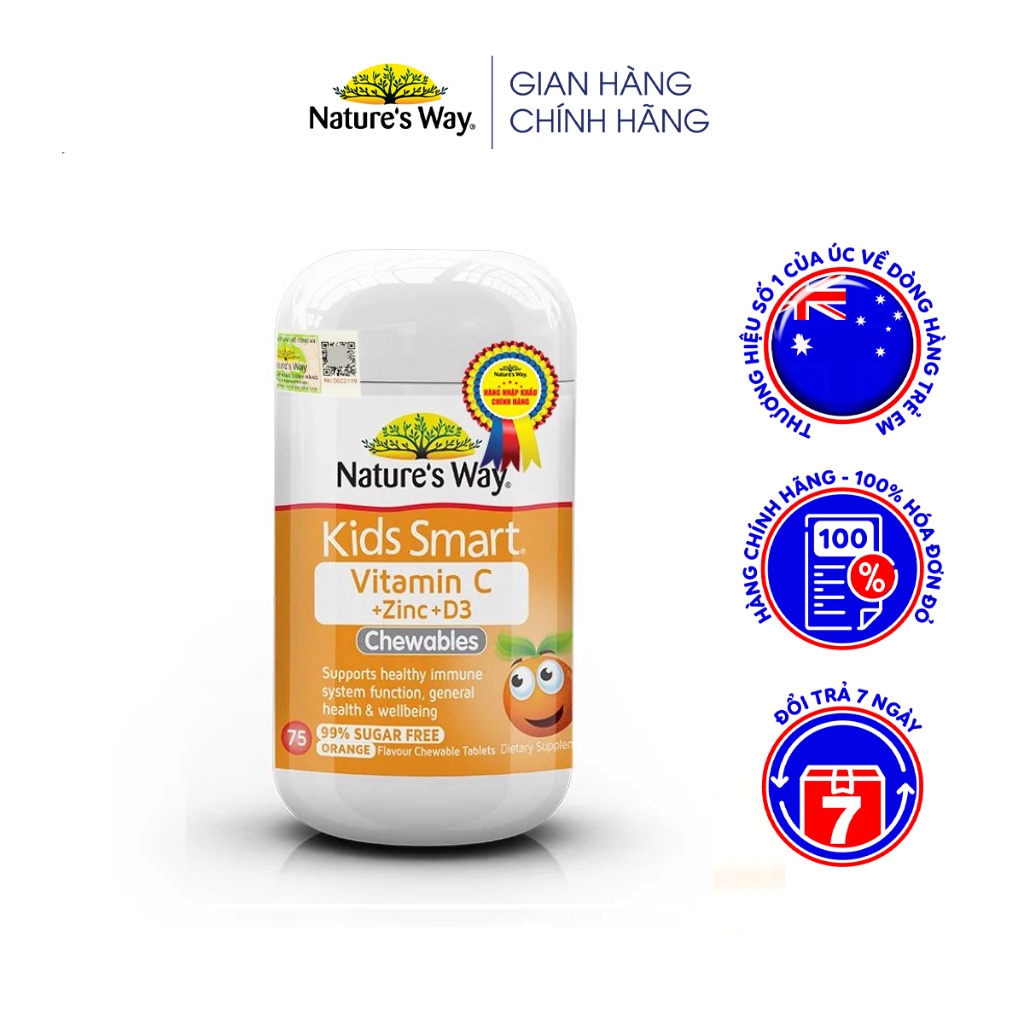 Viên Nhai Nature’s Way Kids Smart Vitamin C+ZinC+D3 Chewable Tablets Bổ Sung Vitamin Cho Bé Phát Triển Toàn Diện 75 Viên