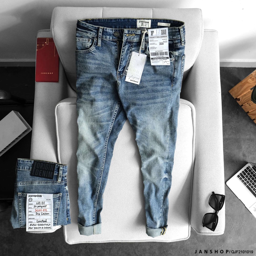 Quần Jean Fapas Xanh Wash Slimfit, Quần Bò Nam Cao Cấp