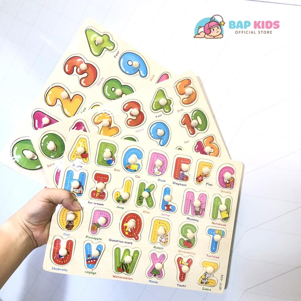 Đồ chơi giáo dục BAPKIDS, Combo 3 Bảng Núm Gỗ Chữ Cái, Số, Phép Tính