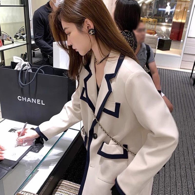 Áo khoác blazer 2 lớp đính cúc tay dày dặn/ vest nữ trắng be kẻ viền xanh than Quảng Châu