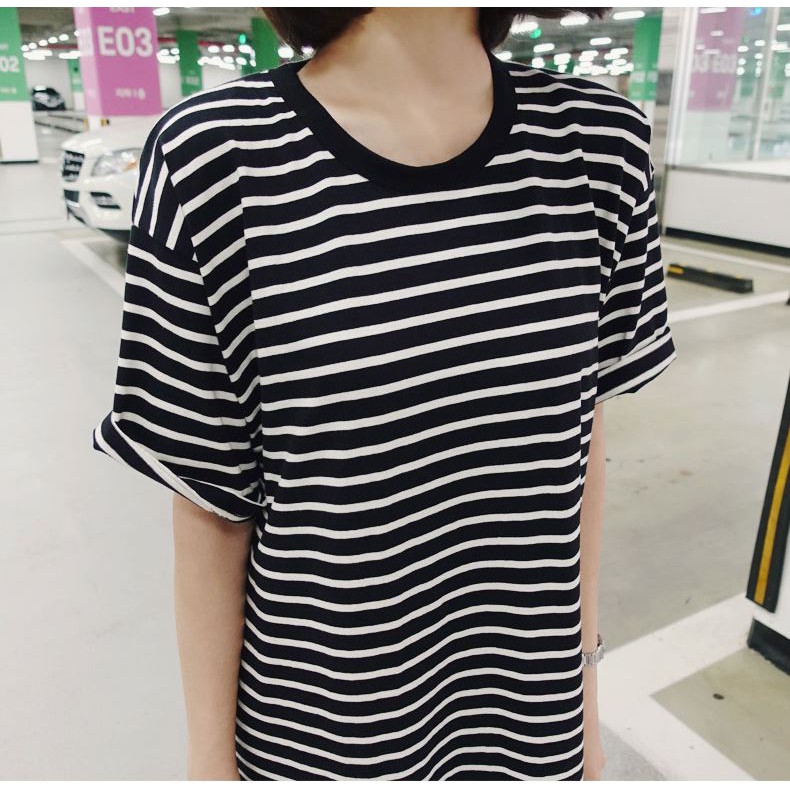 [Ảnh Thật] Đầm Thun Cotton Suông Rộng Xẻ Tà Dài Qua Gối | Váy Thun Sọc Kẻ Tay Lỡ Dày Dặn | Đầm Thun Bầu Big Size - D71 | BigBuy360 - bigbuy360.vn