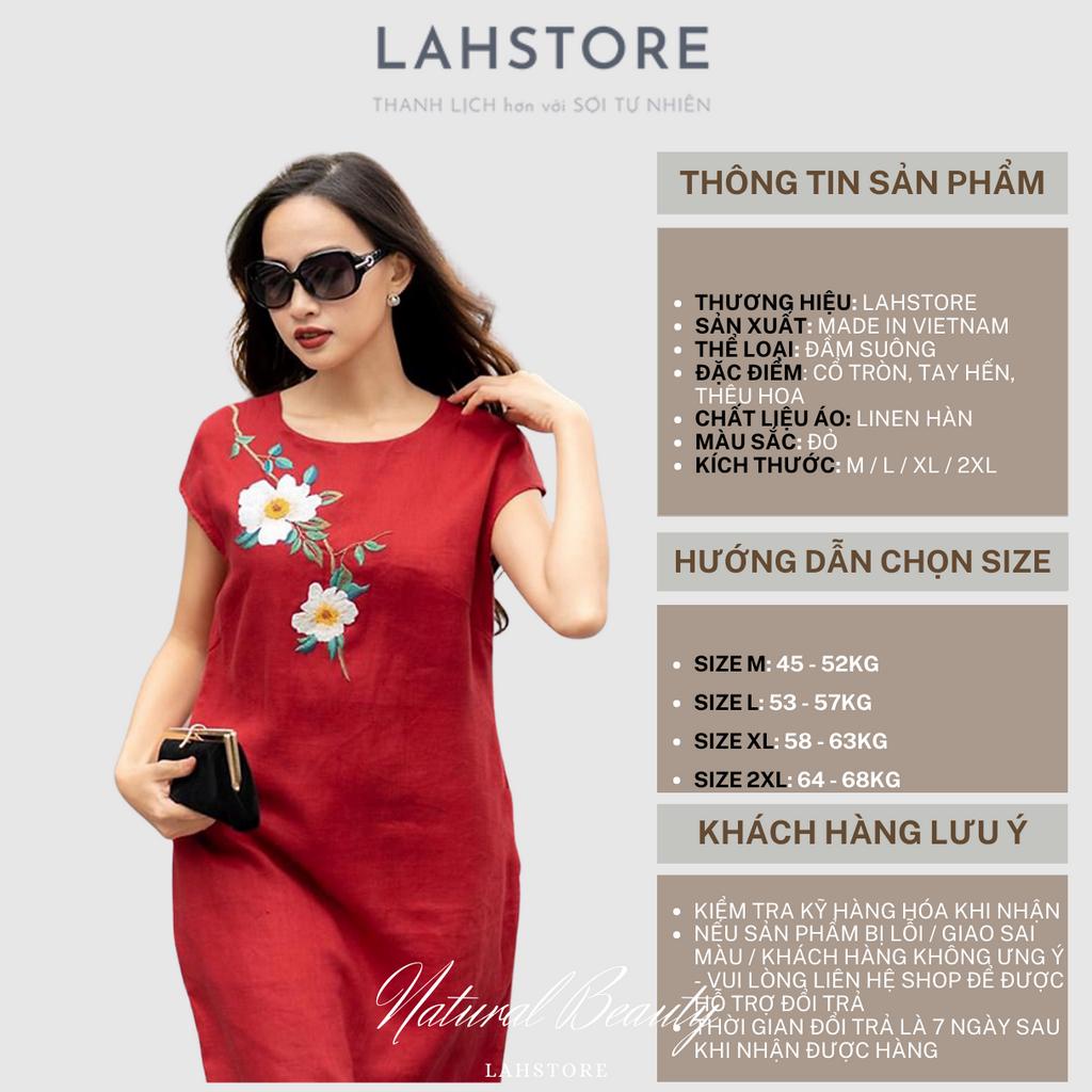 Đầm suông linen trung niên LAHSTORE vải linen Hàn dày dặn, tay hến, thêu hoa (Đỏ Tươi)