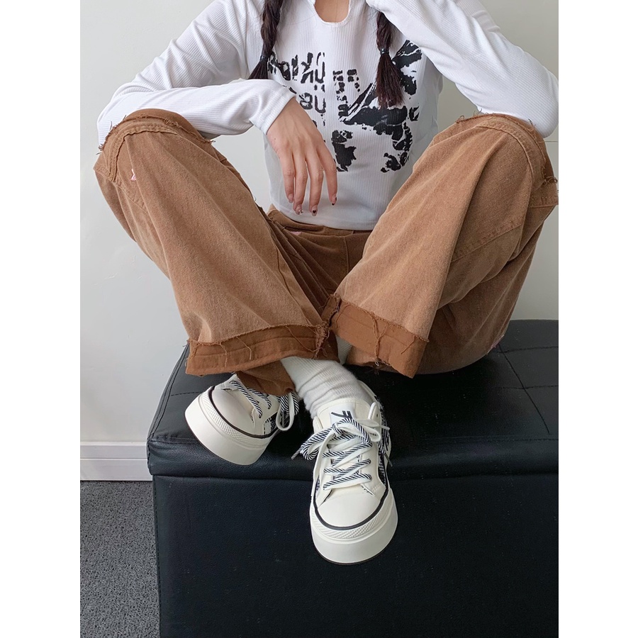 Giày thể thao nữ dây kép thêu caro, sneaker vải canvas, giày sneaker mũi nhọn đế 4cm
