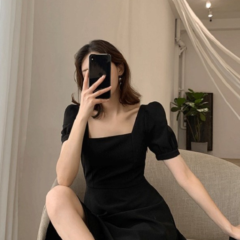 Đầm Midi Dáng Chữ A Tay Ngắn Phồng Cổ Vuông Màu Trơn Kiểu Retro Xinh Xắn Cho Bạn Gái