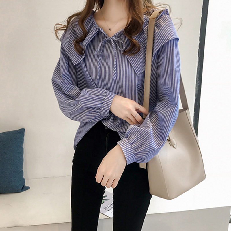 THEODORA M-3XL Peter pan collar tie strap long sleeve stripe women shirt Fashion pleated irregular office lady blouse Retro pullover women tops