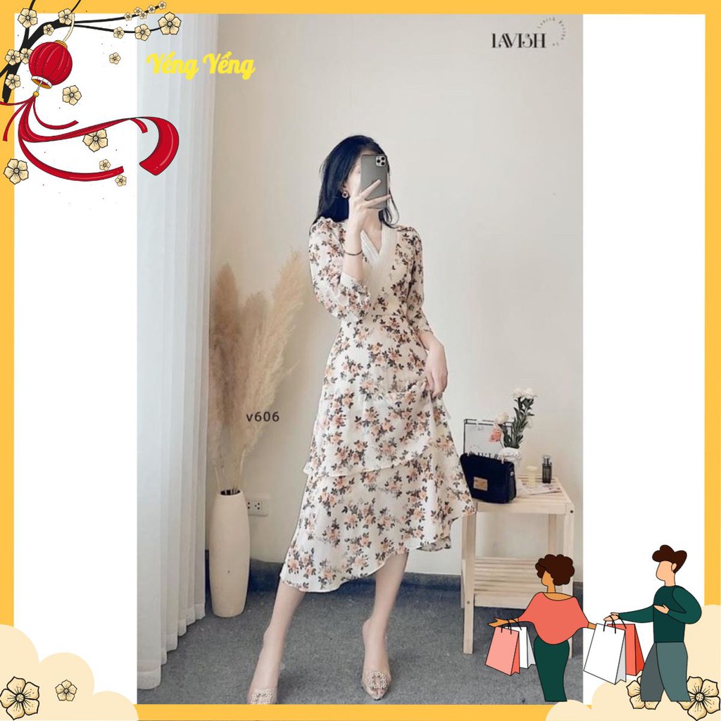 [Mã SKAMA06 giảm 8% tối đa 50K đơn 250K] VNU201 - VÁY BE HOA VÀNG LÁ NÂU CỔ TRẮNG XẾP TẦNG