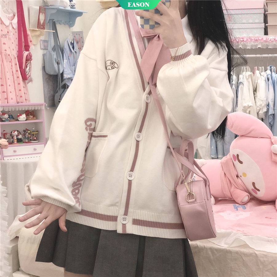 Áo Khoác Cardigan Dệt Kim Tay Dài Dáng Rộng Thêu Họa Tiết Melody Dễ Thương Thời Trang Thu Đông Cho Nữ