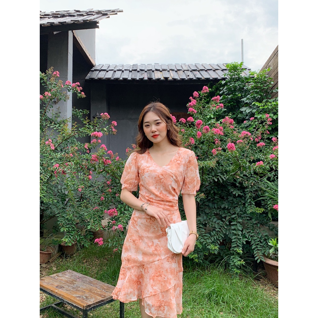 Váy hoa cam đuôi váy xếp bèo nhún eo size S M L- YAM Mini Store