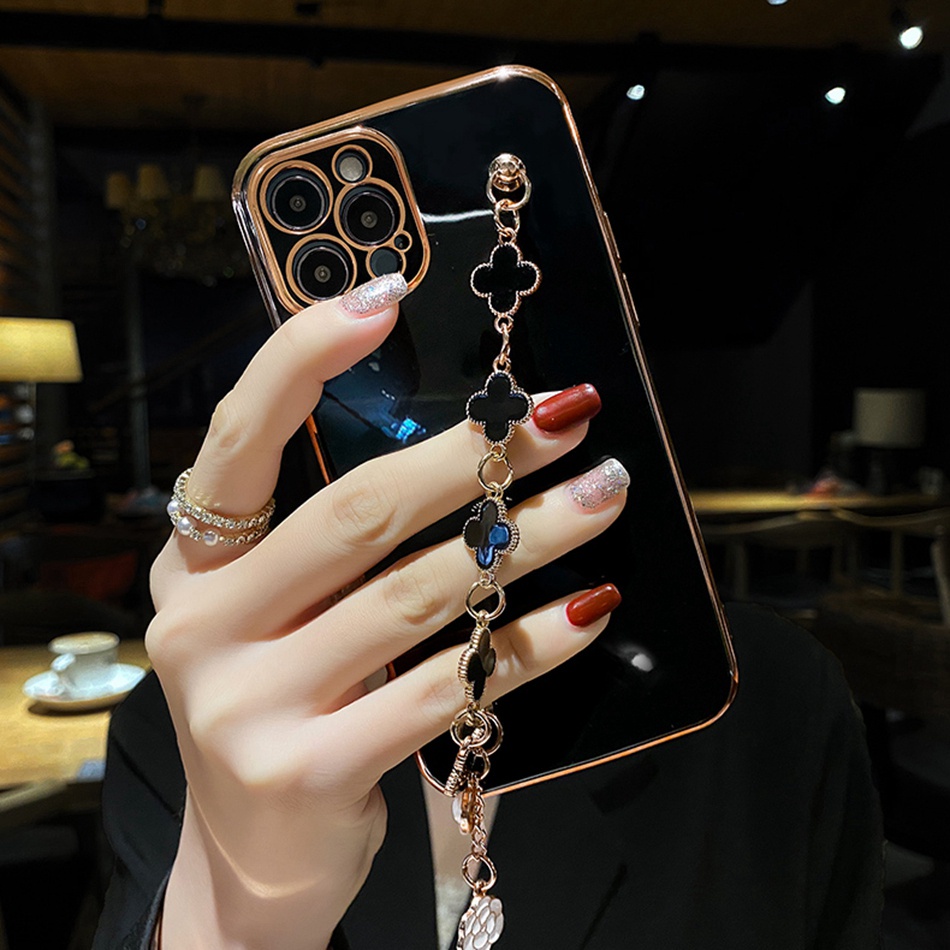 Ốp Điện Thoại Dẻo Họa Tiết Hoa Sang Trọng Kèm Giá Đỡ + Dây Đeo Tay Cho iPhone 11 12 13 Pro MAX 7 8 Plus X XR XS MAX