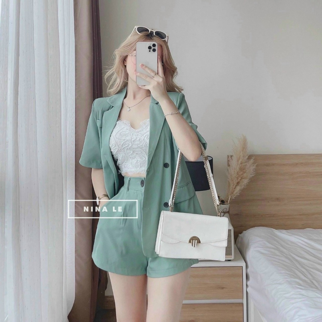 (Sale FreeShip)Sét 3 món thiết kế áo vest tay ngắn phối quần có túi kèm bra có mút,chất for cao cấp lên from chuẩn