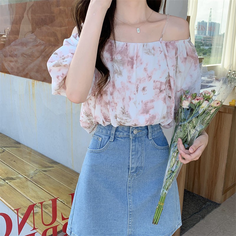 Áo Kiểu Hở Vai Tay Ngắn Họa Tiết Màu Nhuộm Ngọt Ngào Thời Trang Mùa Hè Mới Cho Nữ 2021 | BigBuy360 - bigbuy360.vn