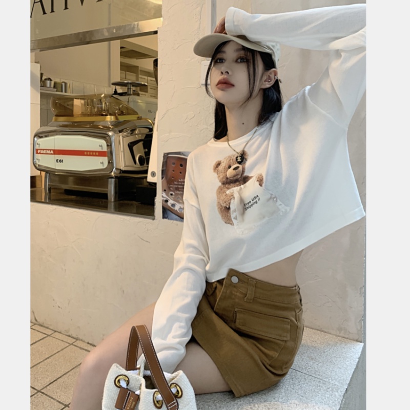 Áo Thun Dệt Kim Tay Dài Dáng Rộng In Họa Tiết Hoạt Hình Xinh Xắn