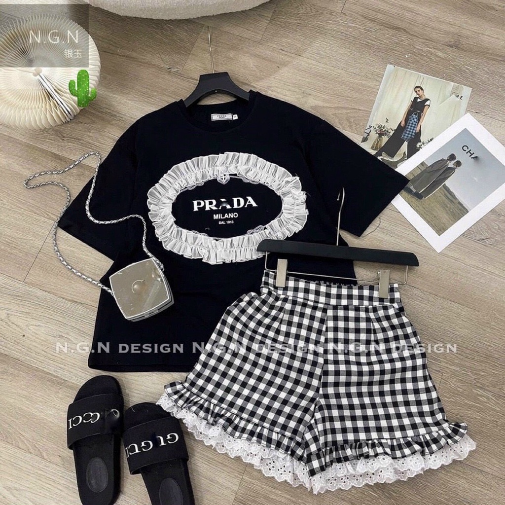 Set áo thun p ra da bèo kèm quần short đùi kẻ carro phối viền ren siêu xinh