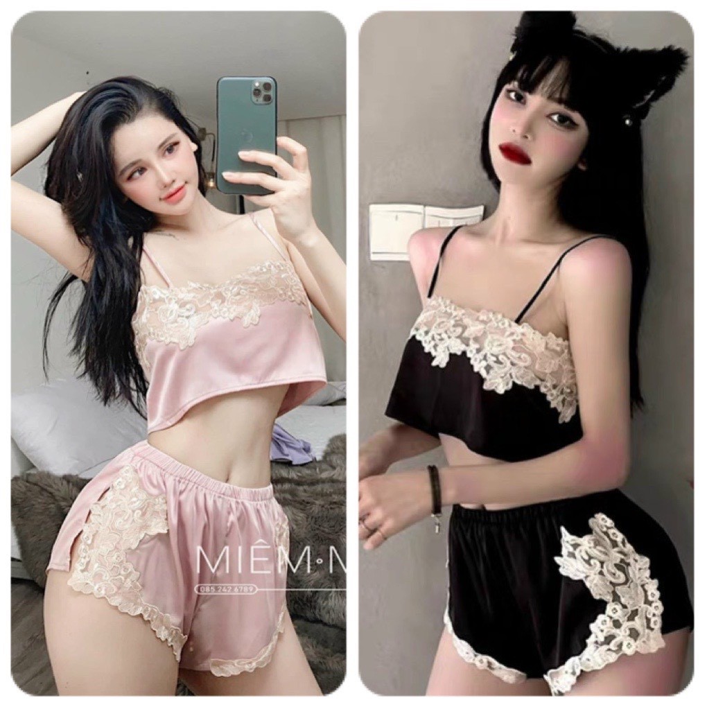 BD 07- Bộ đồ ngủ lụa croptop phối ren hottrend 2021 - Muối Sleepwear - Hàng Quảng Châu cao cấp ( video+ ảnh thật) | BigBuy360 - bigbuy360.vn