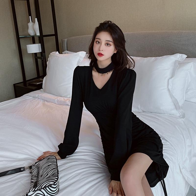 Đầm ôm tay dài màu sắc cổ điển phong cách thời trang Hàn Quốc cho nữ