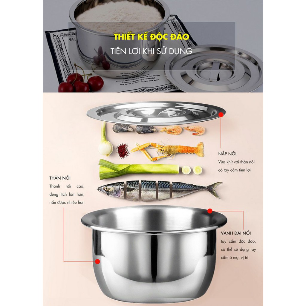 [CHÍNH HÃNG] Bộ 5 nồi Inox có xửng - 14/18/22/26/30cm, kèm xửng hấp, nấu được bếp từ - Hàng thanh lý 99%
