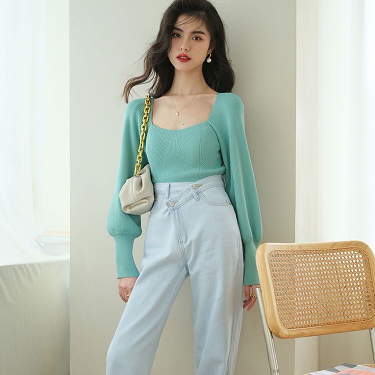 IELGY     Áo sweater Dệt Kim Tay Dài Cổ Vuông Thiết Kế Xinh Xắn Cho Nữ