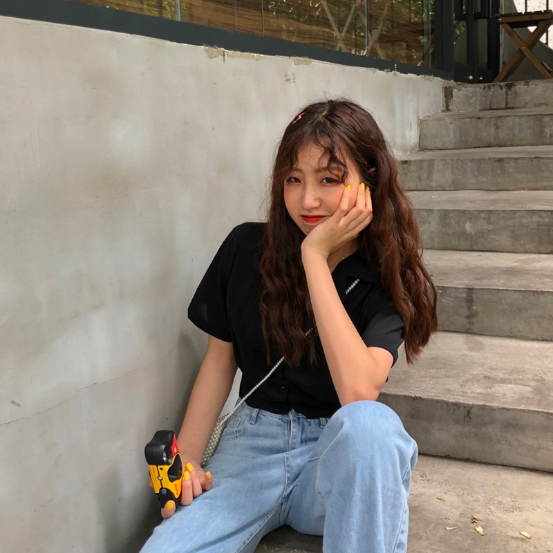 Áo Sơ Mi chiffon Tay Ngắn Dáng Rộng Cổ Chữ V Thời Trang Phong Cách Hàn Quốc Cho Nữ