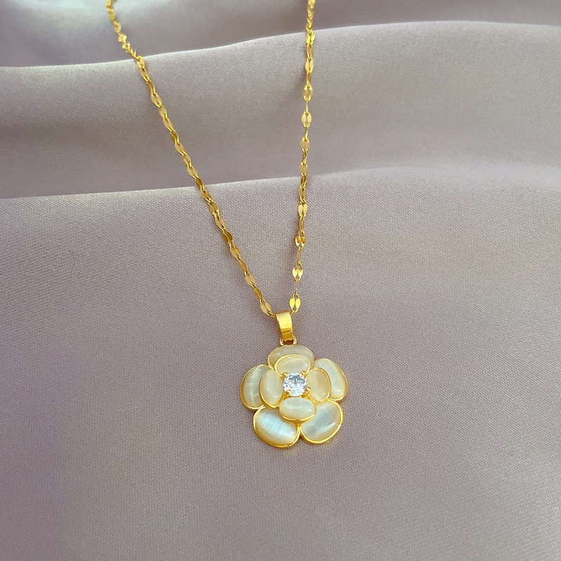 Dây Chuyền Thép Titan Nhẹ Hình Hoa Mắt Mèo Trong Suốt Mạ Vàng Sang Trọng Cho Nữ May Mắn ins Influencer