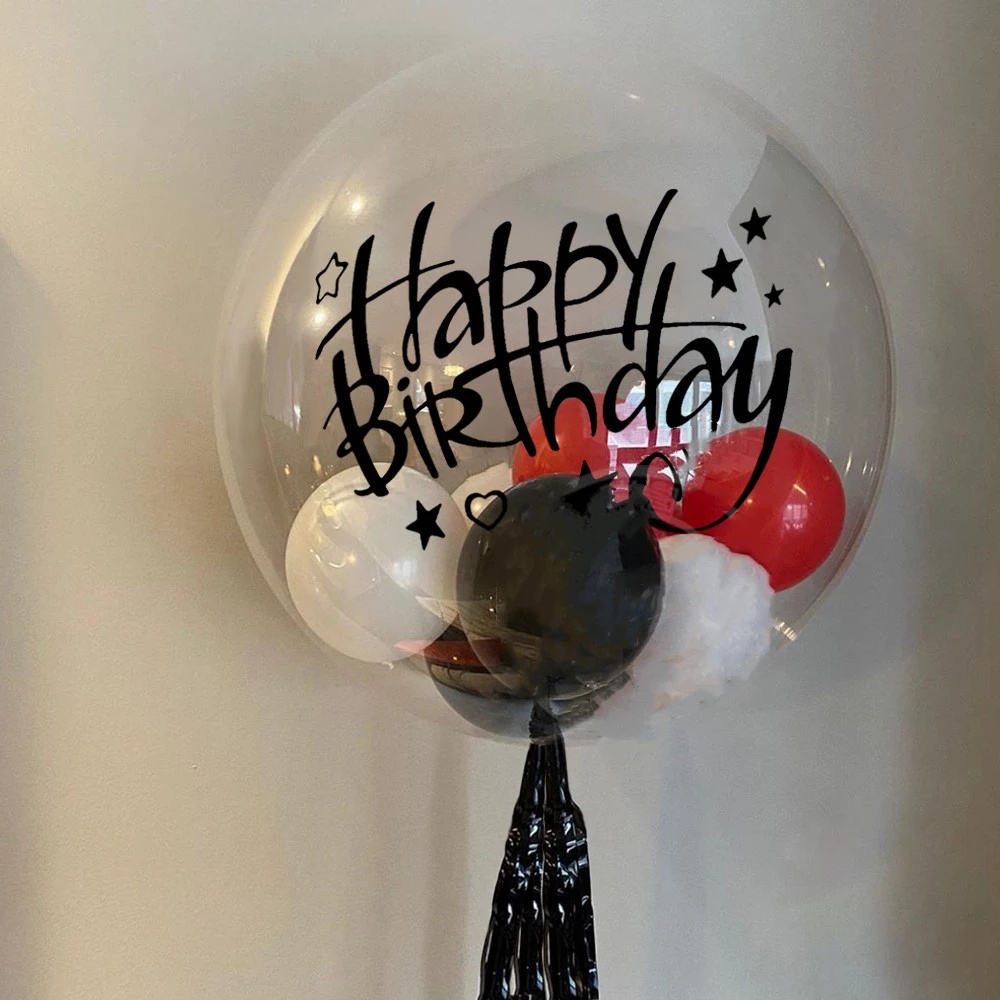 Miếng Dán Bong Bóng Trong Suốt Màu Vàng Đen Chữ Happy Birthday Trang Trí Tiệc