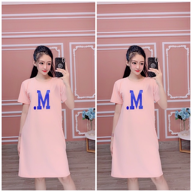 Đầm thun cotton in chữ  form như hình 10% chụp thật