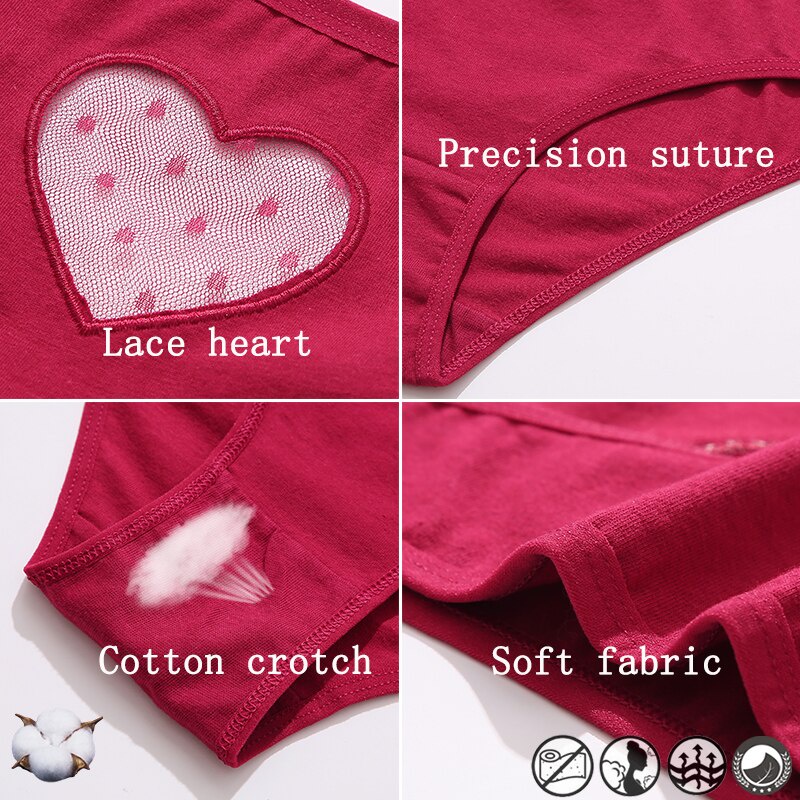 Quần lót FINETOO vải cotton phối ren thoải mái họa tiết trái tim quyến rũ size S-XXL cho nữ