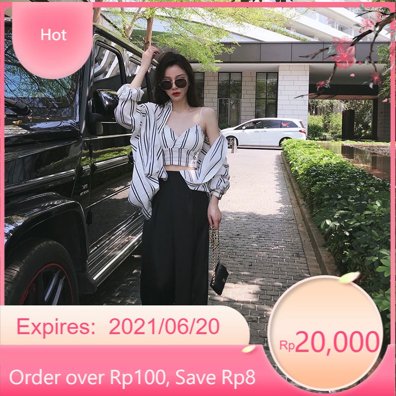 Bộ Áo Sơ Mi Bra Kẻ Nữ ,i Dài Tay Nữ Kèm Áo 2 Dây Có Mút Ngực 🌟🌟🌟CHUẨN CAO CẤP Local Brand ★★★ Korea
