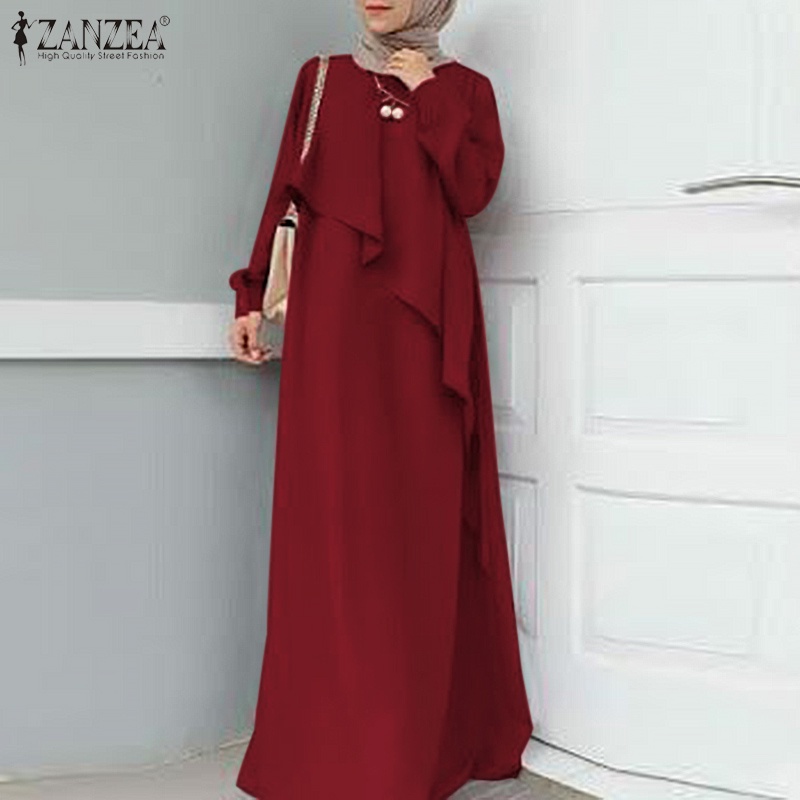 Đầm maxi ZANZEA tay dài cổ tròn phối nút phong cách hồi giáo cho nữ