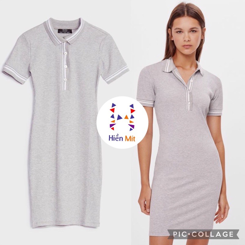 Bershka Đức - Đầm váy sale auth new tag cao cấp chính hãng BSK polo ngắn xám thun ôm form dáng body có sẵn