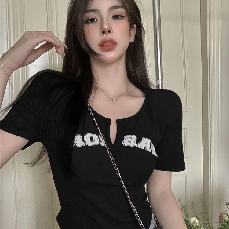 Áo Thun Tay Ngắn Dáng Ôm In Chữ Thời Trang Cho Nữ