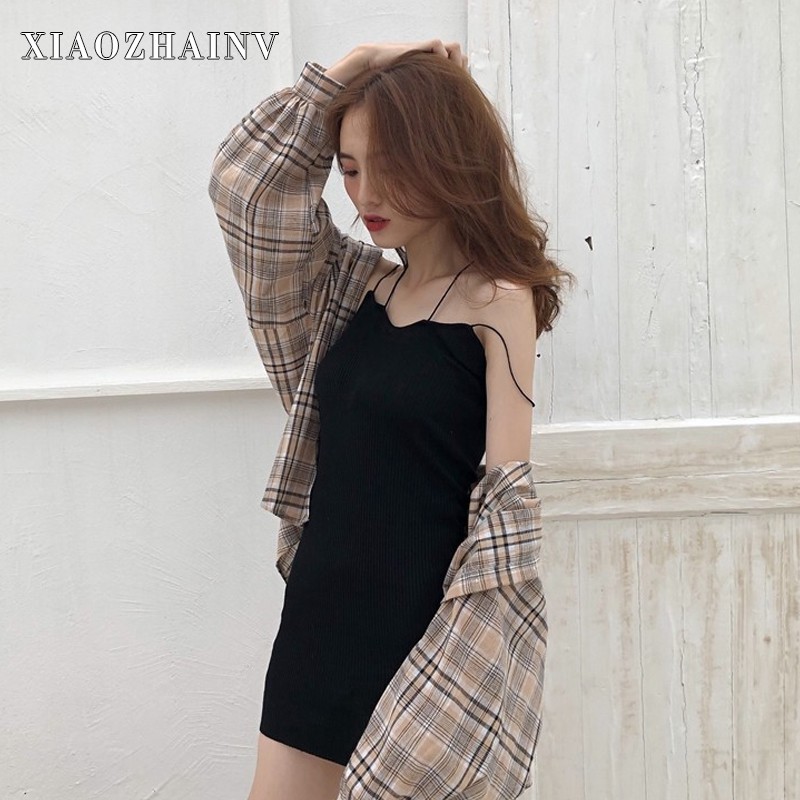 Set Áo Sơ Mi Dài Tay + Đầm Hai Dây Dệt Kim Xiaozhainv Dành Cho Nữ