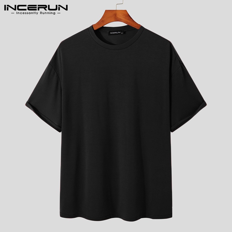 Áo thun cotton INCERUN ngắn tay màu trơn cổ thuyền đơn giản cho nam