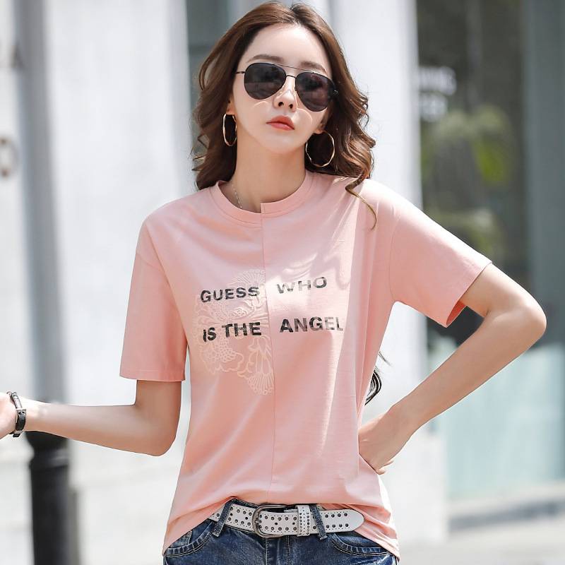 Trend new 2021 design is asymmetrical short-sleeved T-shirt female loose lace embossed buds