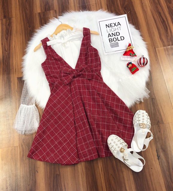 Sét Divi yếm nơ caro đỏ kèm áo voan trắng tay dài xinh xắn DG4563