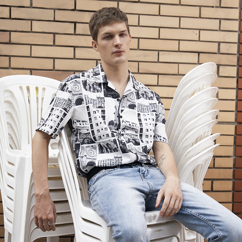 Áo Sơ Mi Nam Tay Ngắn ICON DENIM Cổ Danton Họa Tiết Sài Gòn In Trắng Đen Vải Chun Chéo Mềm Mát | BigBuy360 - bigbuy360.vn