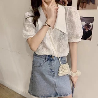 Áo sơ mi kiểu Pháp tay bồng hàng đầu cho nữ thiết kế chất boi thêu rỗng mát mẻ PinkLink