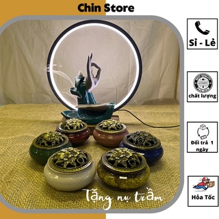 Lư xông trầm, đốt trầm Bát Tràng cao cấp men rạn ngọc bóng , nắp mạ đồng họa tiết nhiều mẫu