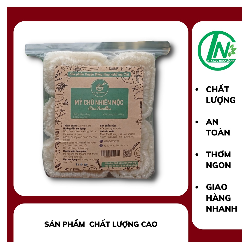 Mỳ Chũ Nhiên Mộc - Dai Ngon- Làm Từ Gạo Không Chất Bảo Quản- Túi Zip Thân Thiện Với Môi Trường -1kg- HTX Lục Ngạn Xanh
