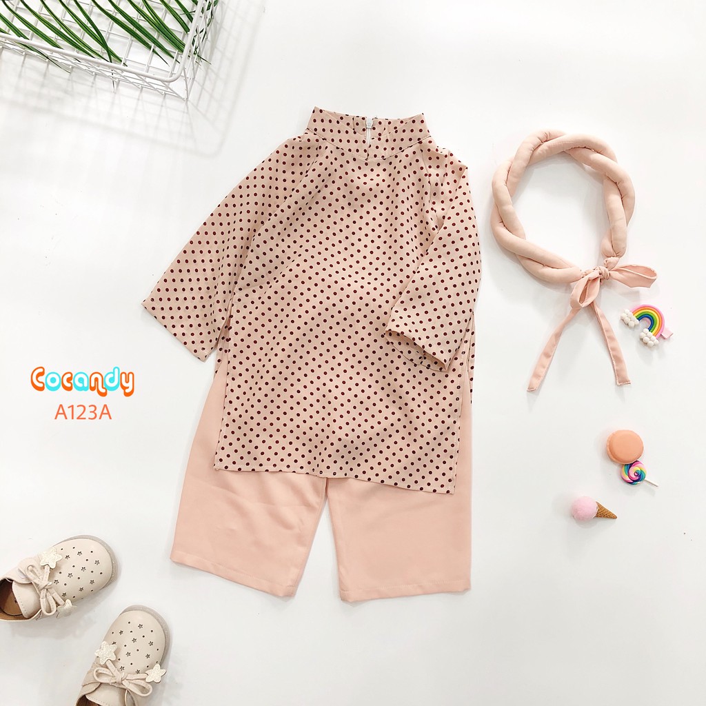 [Cocandy Official Store] Áo dài cách tân cho bé màu hồng họa tiết chấm bi tặng kèm mấn