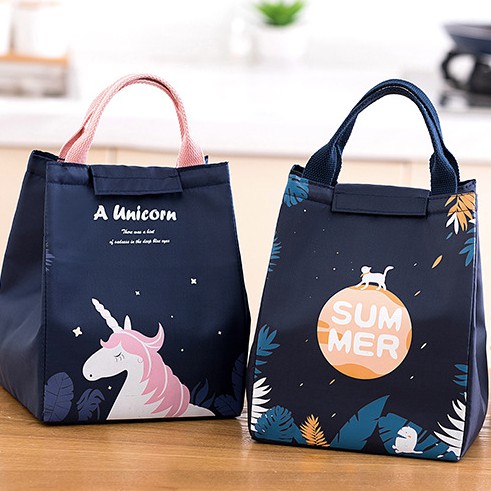 Túi đựng cơm vải Oxford Pink Unicorn nắp dính có lớp lót nhôm giữ nhiệt (sizesize 18x15x24cm)