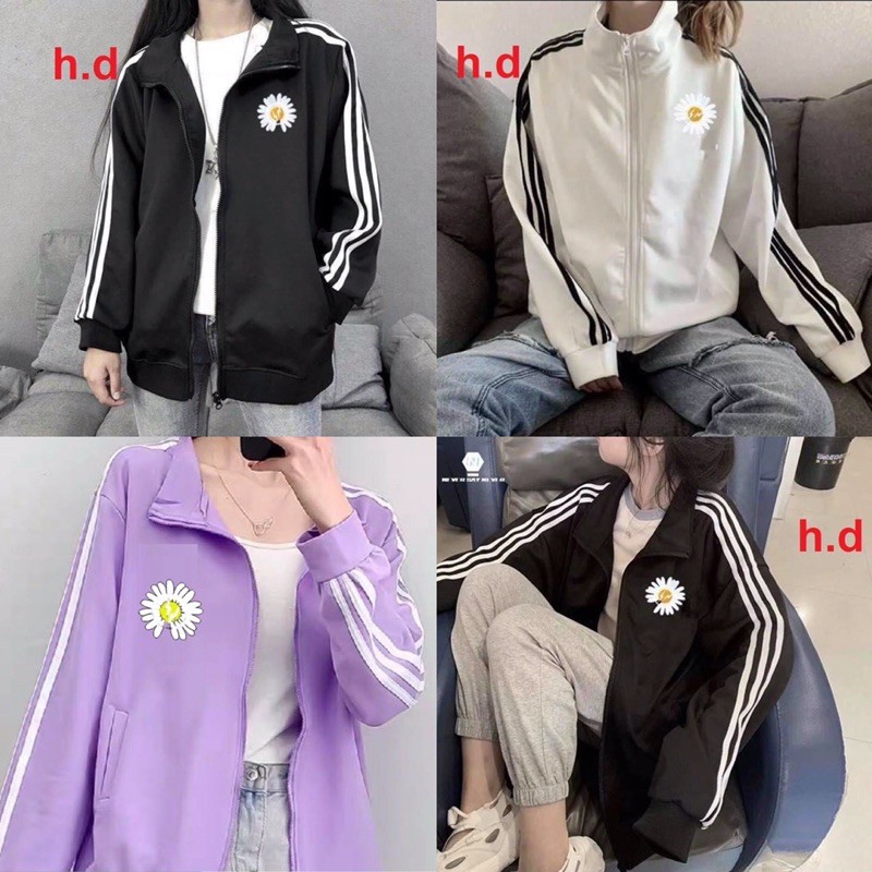 áo khoác nỉ bông khoá dây kéo rót 3 sọc tay lô gô hoa cúc