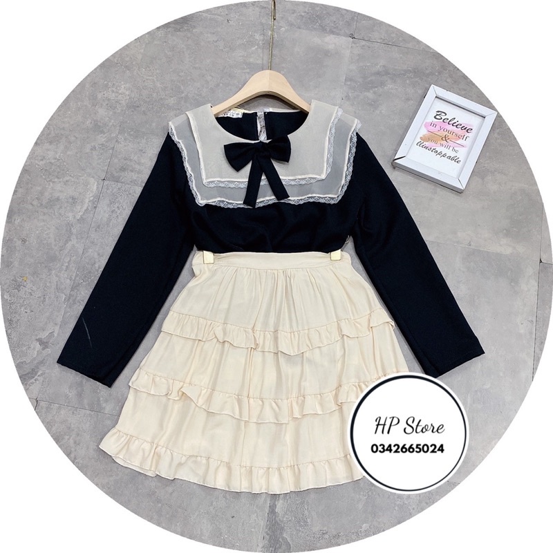 ⚡Giá huỷ diệt ⚡️Sét áo tơ cổ nở mix chân váy đũi 3 tầng siêu đẹp