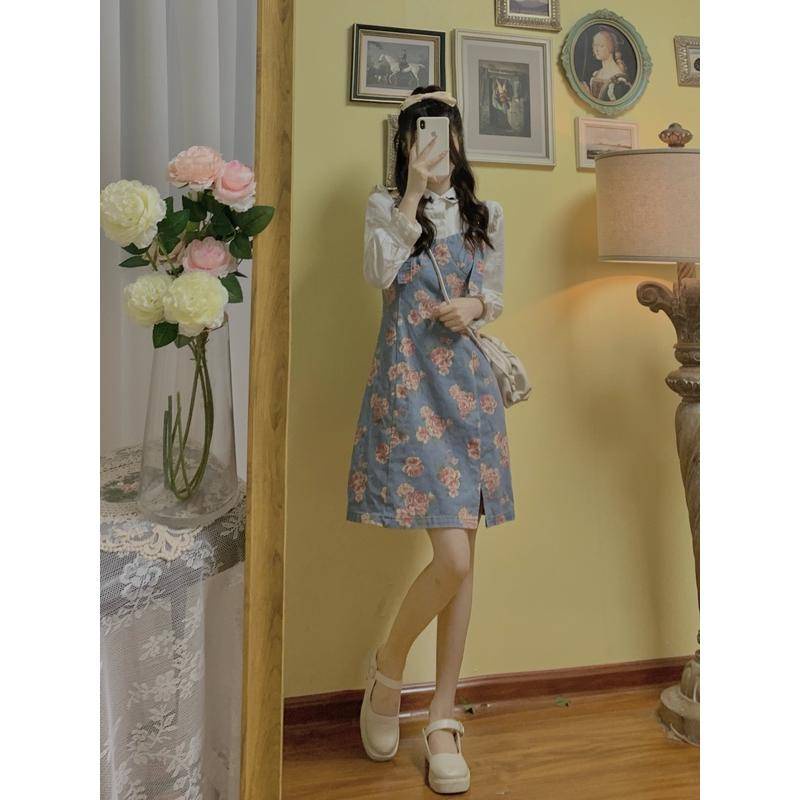 Women 2pcs Set Summer Flowers Printed Sleeveless Dress + Long Sleeve Shirt