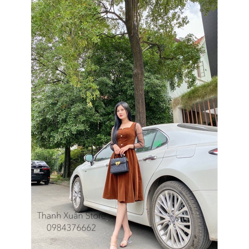 Váy Nhung Đầm nhung cổ vuông tay lưới chấm bi cao cấp cho nữ | BigBuy360 - bigbuy360.vn