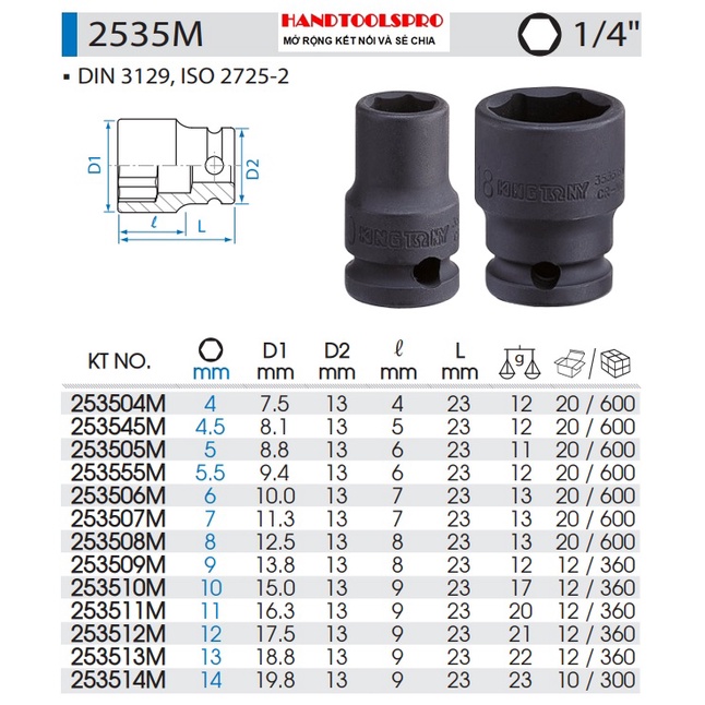 Đầu tuýp đen ngắn 1/4″ lục giác size 4mm-14mm Kingtony 2535M