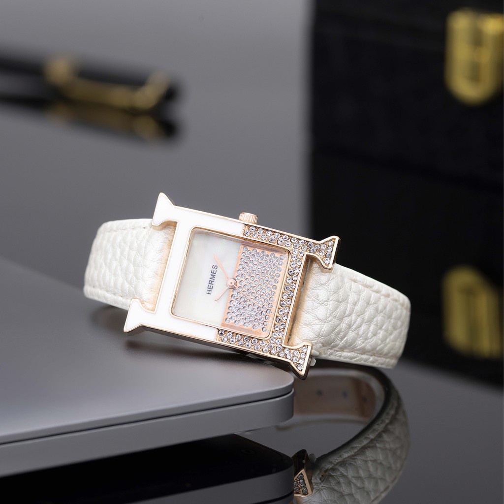 Đồng hồ nữ HERMES dây da mặt vuông đính đá cao cấp full box DHN02 12Th - Hàng nhập khẩu