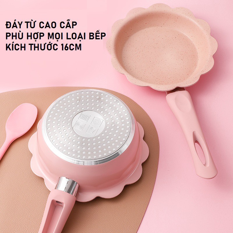 Bộ Nồi Chảo Cho Bé Ăn Dặm Size 16cm, Chảo Đá Chống Dính Kèm Xửng Hấp Và Thìa Chế Biến Đồ Ăn Dặm Cho Bé