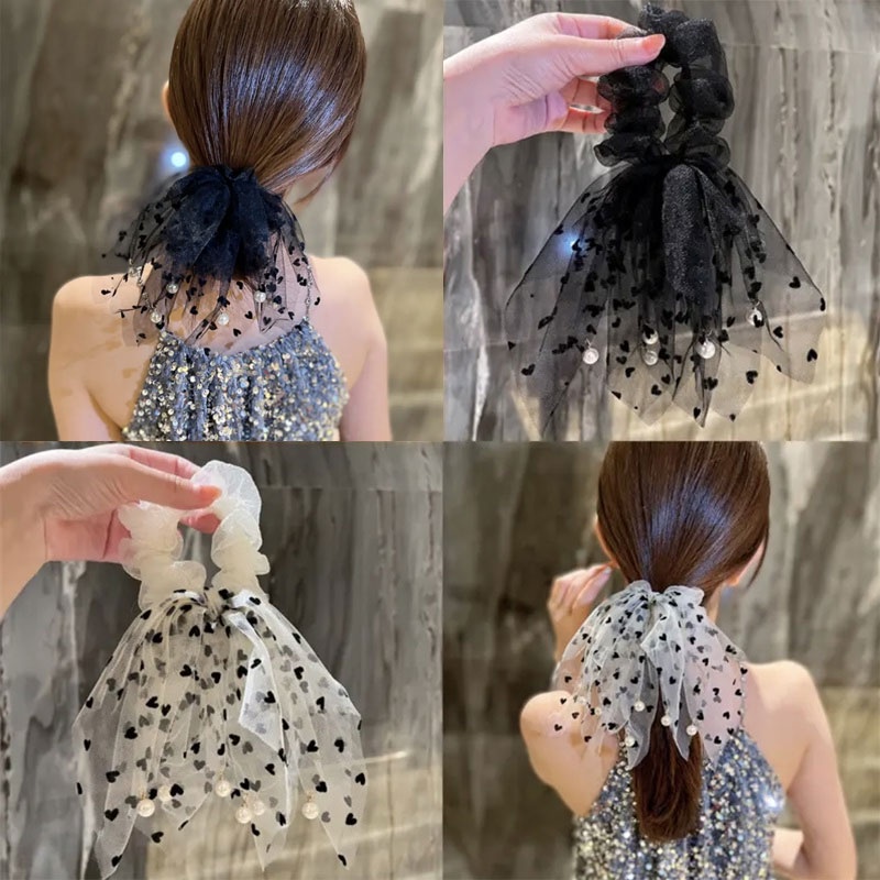 Dây Buộc Tóc Thắt Nơ Ruy Băng Lưới Đính Hạt Ngọc Trai Kiểu Hàn Quốc
