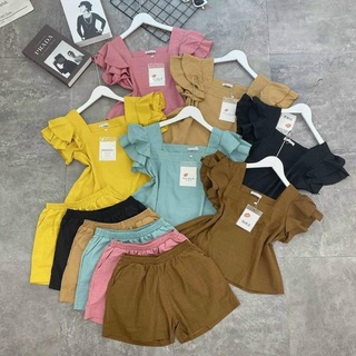 Bộ đũi cộc cổ vuông tay bèo tiểu thư, chất đũi xước mềm mát, không bai xù